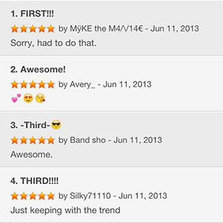Screenshot of silly reviews from users in the App Store